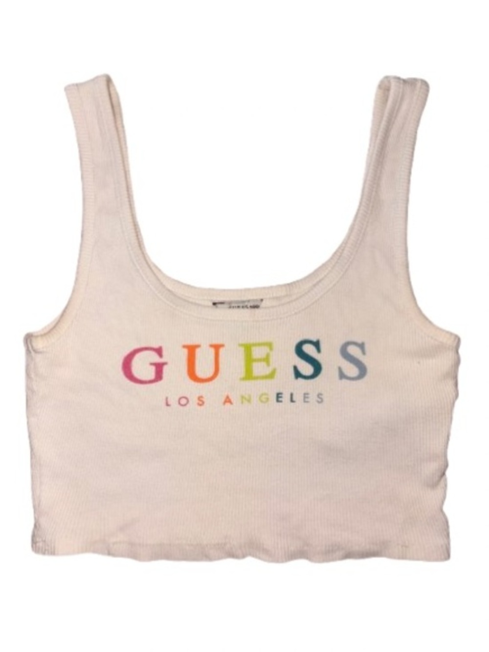 GUESS off White Ribbed Rainbow Logo Crop Tank size S